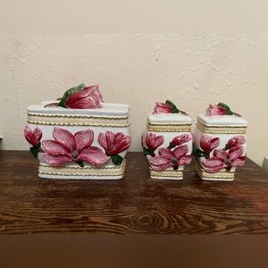 VTG K China Ceramic Pink Flower Napkin Holder & Salt Pepper Shaker White Gold